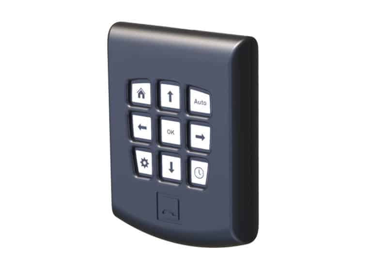 Ein rechteckiges Gadget mit einem Ziffernblock und einer Schriftart in Elektroblau, das an ein Eingabegerät erinnert.